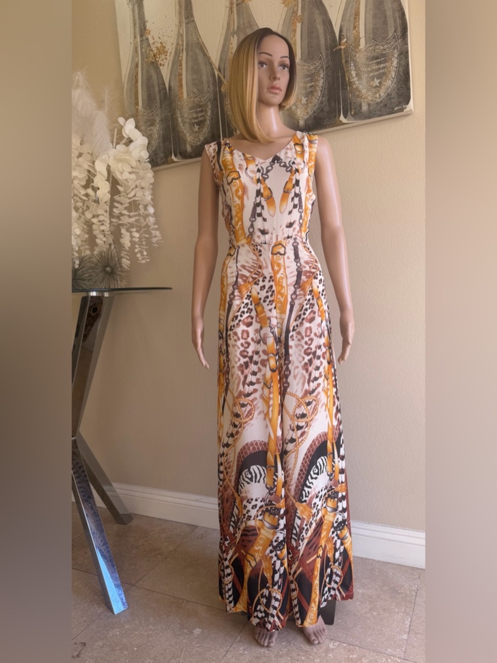 Women's Sleeveless Printed Maxi Dress - Yellow & Brown